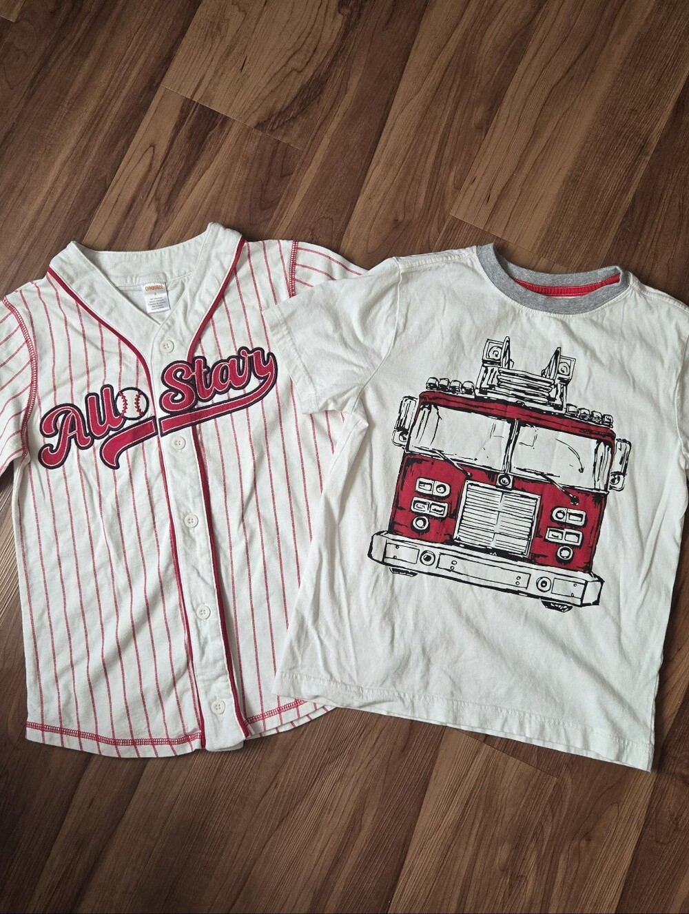 All Star Red-Striped Baseball Jersey Tee & Firetruck tee Gymboree 7-8 VGUC White